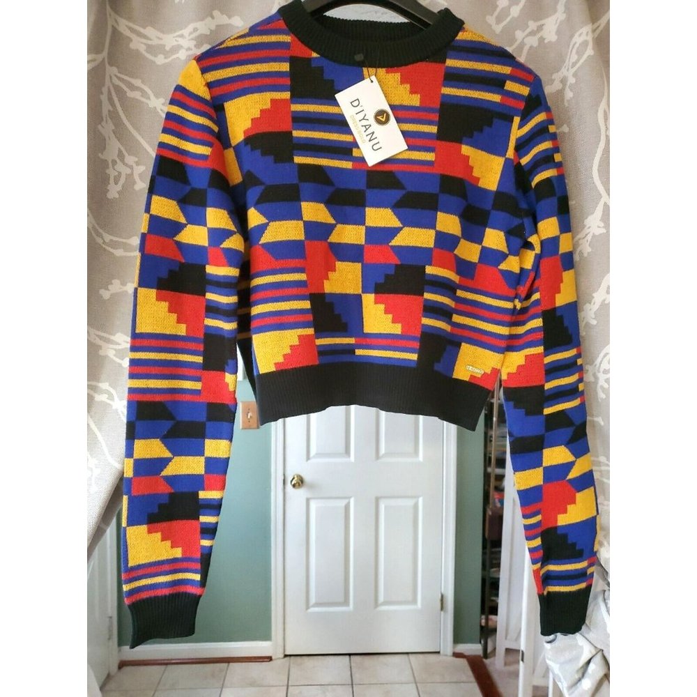 DIVANU Geometric Colorblock Crewneck Sweater - Blue/Red/Yellow